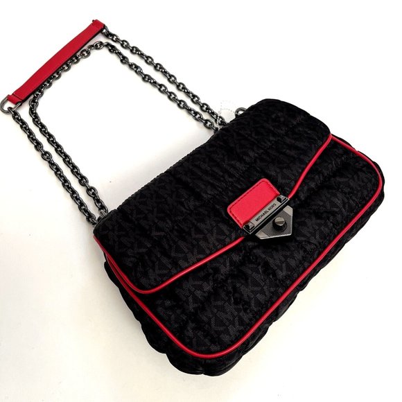 NWT Michael Kors SOHO Quilted Nylon Shoulder Bag Crossbody Black Red Trim $400 - Picture 7 of 13